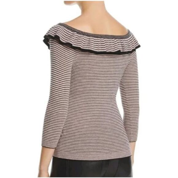 REBECCA TAYLOR Women’s 100% Merino Wool Ruffle Pink Striped Sweater - Picture 2 of 6